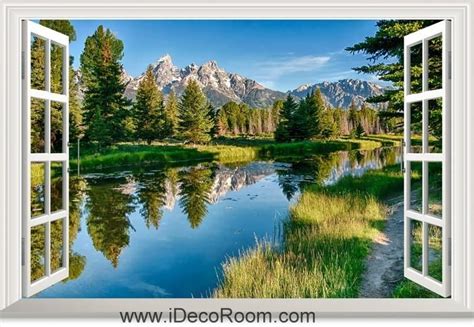 3d River Forest Mountains Trees Landscape Window Wall
