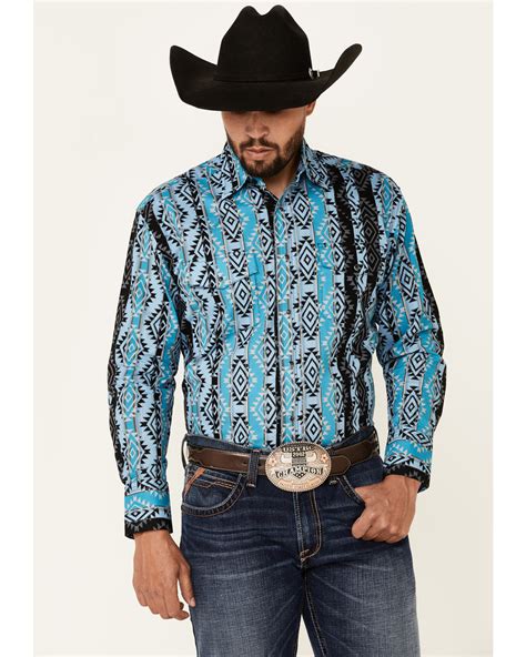 Wrangler Mens Blue Checotah Aztec Print Long Sleeve Snap Western Shirt