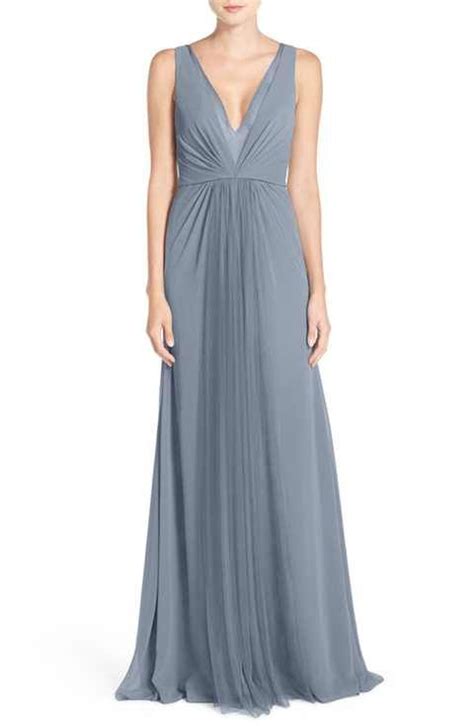 Monique Lhuillier Bridesmaids Deep V Neck Chiffon And Tulle Gown