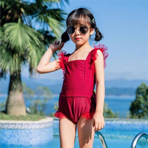 2019 Kids Baby Girls One Piece Solid Color Ruffles Bikini Childrens
