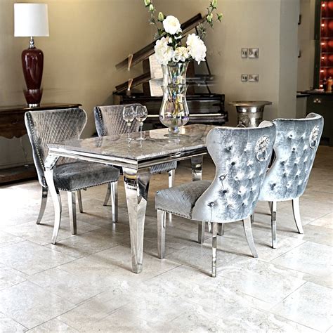 Louis Marble Rectangular Dining Table In Light Grey 15m With 4 Lion