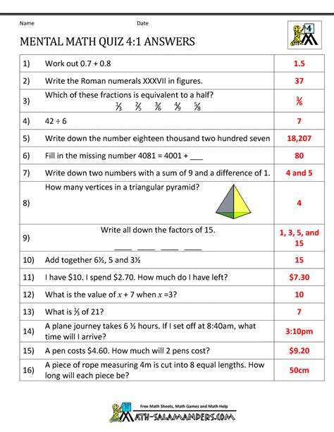 Class 8 mathematics questions and answers. Mental Math 4th Grade