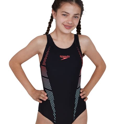 Speedo Plastisol Placement Muscleback Girls Swimsuit Blackred Run