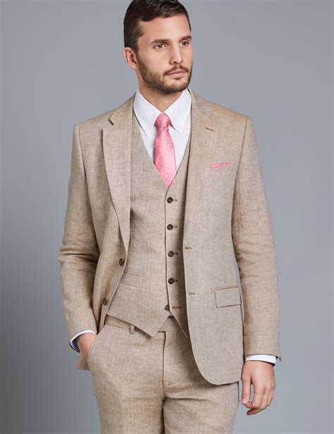 Men S Beige Herringbone Linen Tailored Fit Italian Suit Collection Hawes Curtis