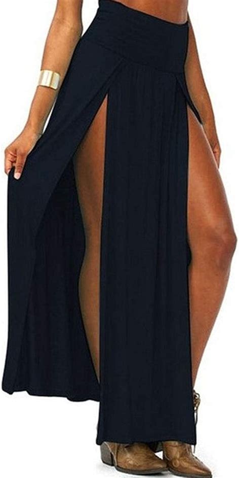 Fahou Womens High Waist Sexy Double Slit Front Open Knit Maxi Long