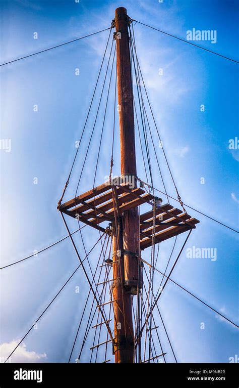 Wooden Ship Mast Against Blue Sky Stock Photo Alamy