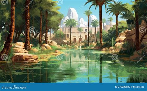 Idyllic Oasis in the Desert Stock Illustration - Illustration of