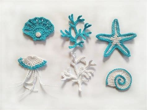 Crochet Sealife Motifs Sea Animal Ocean Applique Set 6 Pcs Summer Beach
