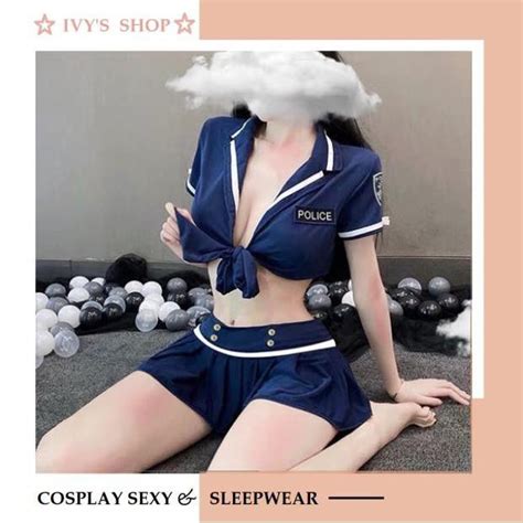 bộ Đồ ngủ cosplay sexy tiếp viên gợi cảm p0lice xanh Đầm ngủ cosplay cơ trưởng gồm Áo chân