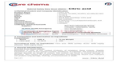Material Safety Data Sheet Msds Citric Acid Acidpdf · Material