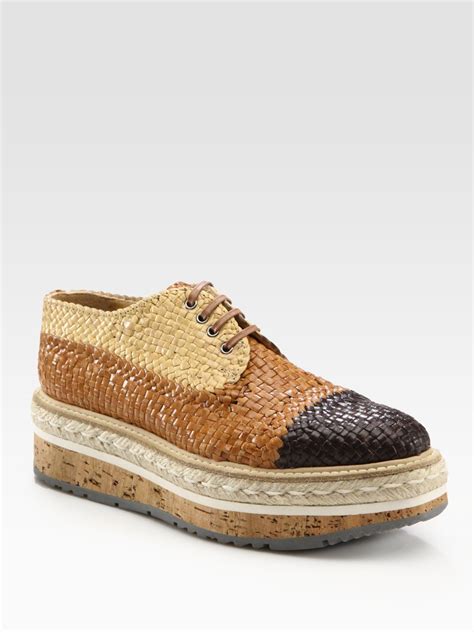 Lyst Prada Woven Lace Up Platform Oxfords In Brown