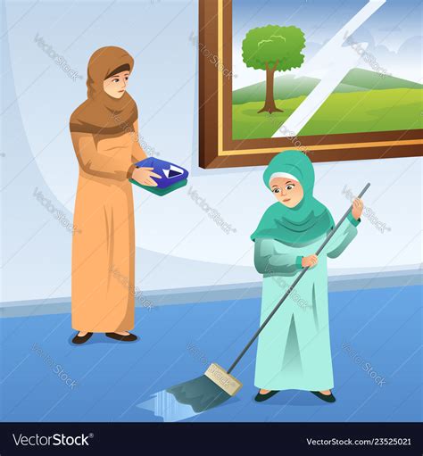 Muslim Mother And Daughter Doing Chores At Home Vector Image