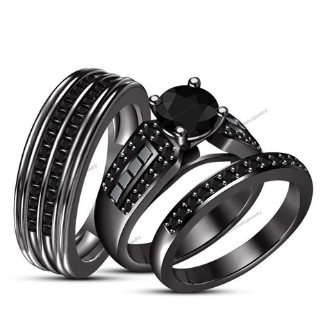 Real Diamond Trio Set Black Gold Filled His And Her Matching Wedding