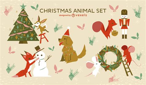 Christmas Tree Animals Stroke Set Vector Download