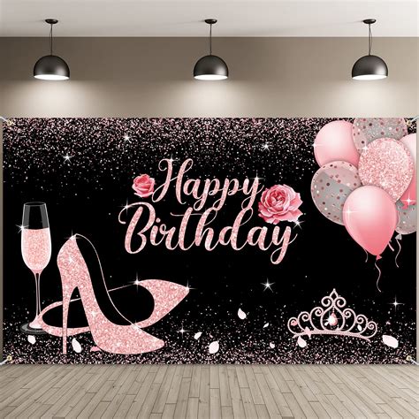 Buy Happy Birthday Backdrop Fabric Glitter Rose Pink Birthday Background Banner Balloons Heels