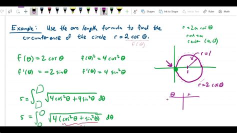 polar coordinates arc length circumference of offset r equals 2 cos theta circle example youtube