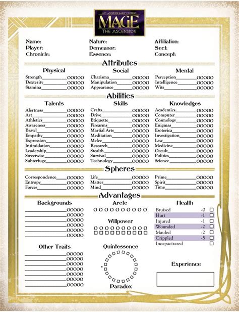 Mage The Ascension 20th Anniversary Edition 1 Mage Character Sheet