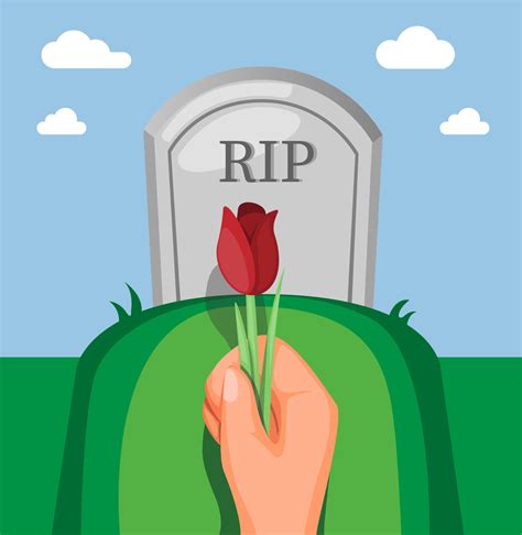 Hand Holding Flower On Tombstone In Funeral Concept In Cartoon