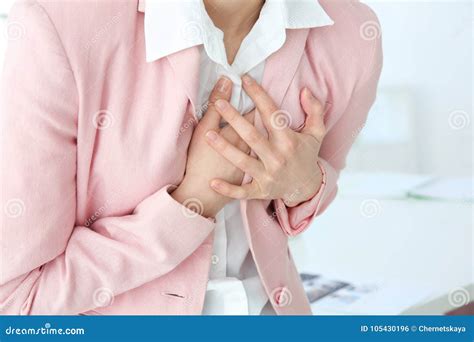 Heart Attack Concept Young Woman Suffering From Chest Pain Stock Photo