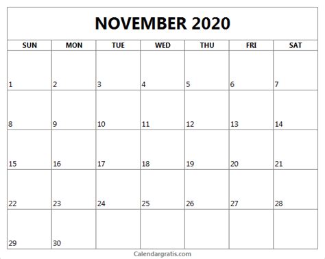 Printable November 2020 Calendar Template Holidays In United States