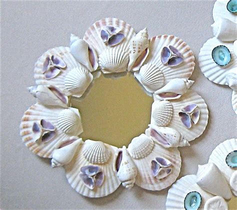 Beach Decor Small Shell Mirror Or Candleholder With Purple Shells