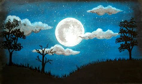 Moonlight Night Scenery Drawing With Oil Pastels Scenery