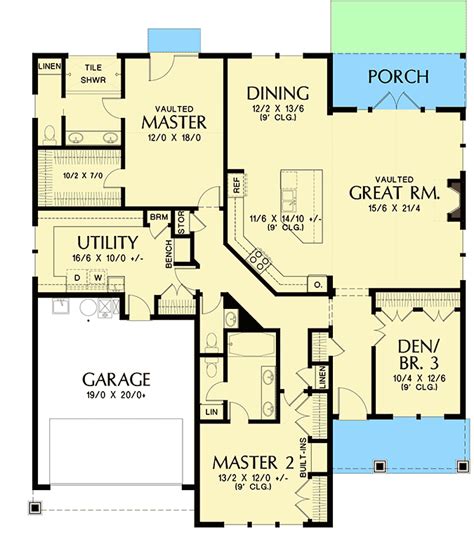 Stepped ceiling in master bedroom 4. One-Story House Plan with Two Master Suites - 69691AM ...