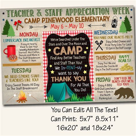 Camp Themed Teacher Appreciation Week Itinerary Poster Outdoor