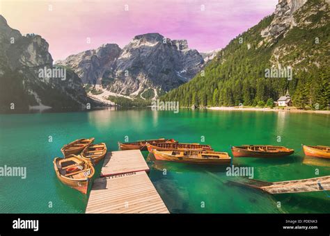 Enchanted View Of Braies Lake Pragser Wildsee At Sunset In Alto Adige