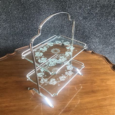 1960s Chrome Two Tier Cake Stand With Etched Glass Shelves Glass
