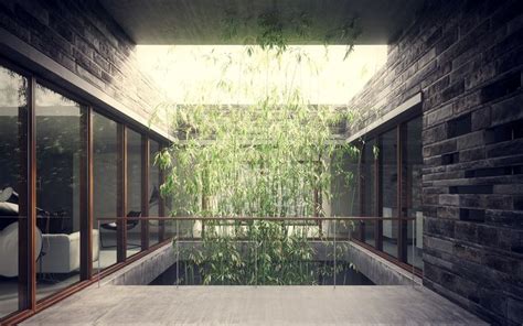 Stonework House Design With Bamboo Growing Inside Architecture