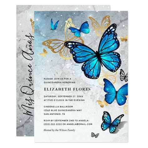 Elegant Princess Gold Blue Butterfly Quinceanera Invitation Zazzle