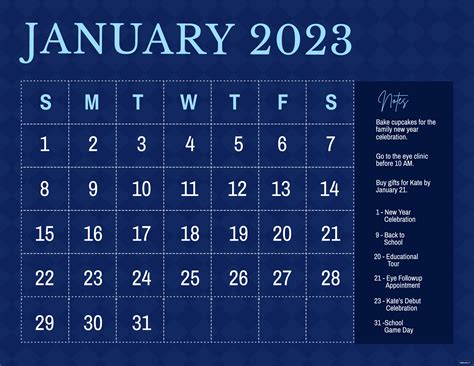 Blue January 2023 Calendar Template Illustrator Word Psd