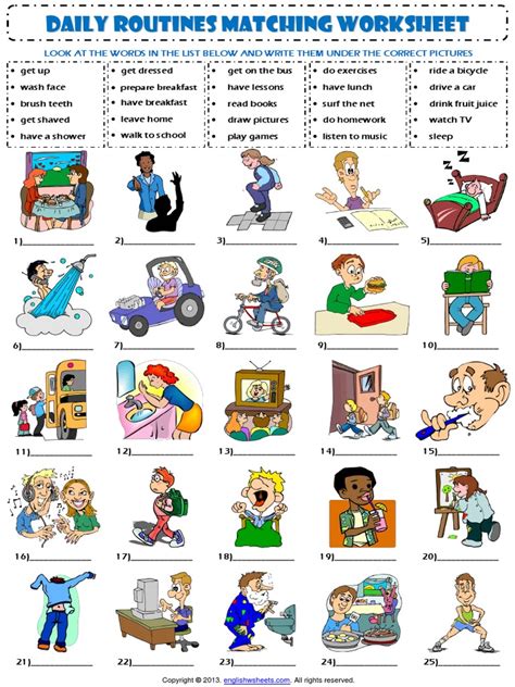 Daily Routines Matching Worksheets Esl Vocabulary Action Verbs Riset