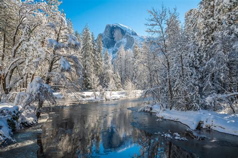 Yosemite Winter Half Dome Merced River Sentinel Bridge Fresh Snow Blue