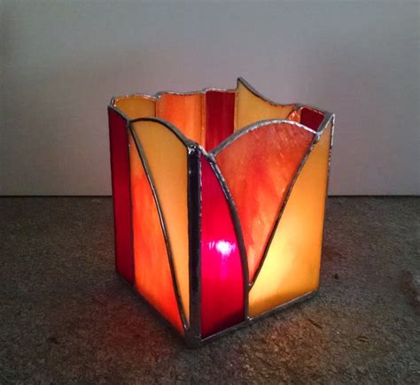 Stained Glass Candle Holder Abstract Geometric Design Red Etsy