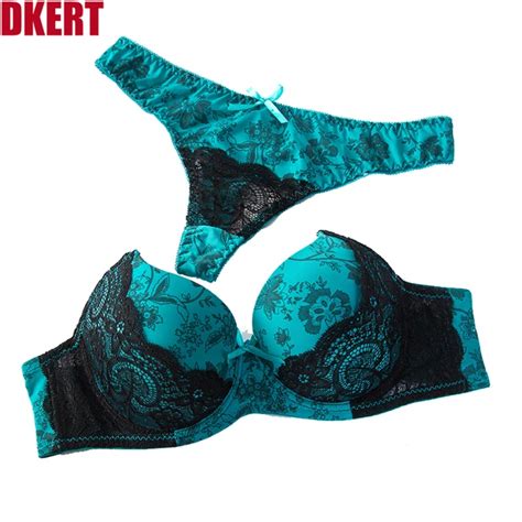 Dkert New 2018 B C Cup Women Bra Set Sexy Lace Push Up Bra Brief Sets Printing G String Intimate