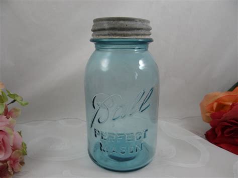 1920s Antique 1 Quart Aqua Blue Ball Perfect Mason Jar Canning Jar With Zinc Lid Wedding D