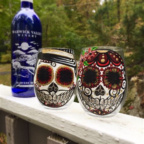 Hand Painted Oz Stemless Wineglass Sugar Skull Couple Set