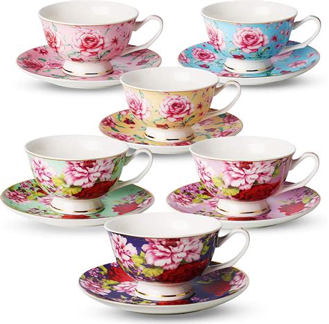 Btat Tea Cups Tea Cups And Saucers Set Of 6 Tea Set Floral Tea Cups 8oz Tea