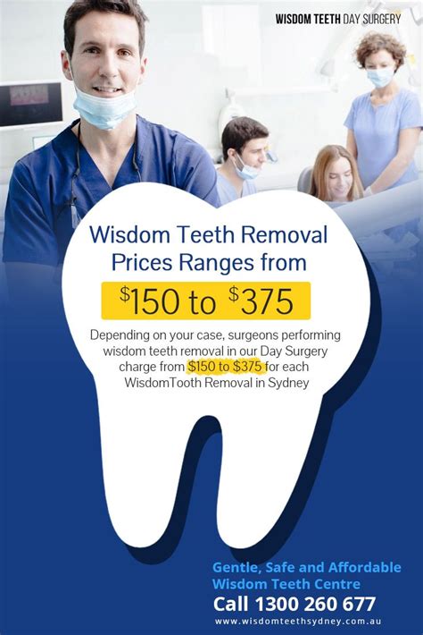 Often, wisdom tooth removal is a straightforward procedure that your dentist will be able to do at the dental practice, under local anaesthesia. Wisdom Teeth Removal Prices Ranges from $150 to $375 - Depending on your case, surgeons ...