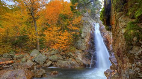 Amazing Autumn Shades By The Rocky Waterfall Wallpaper Nature