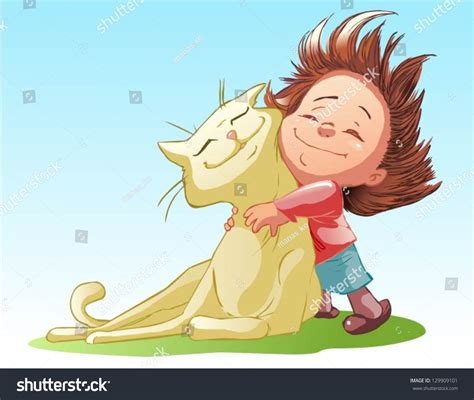 Little Girl Hugging Big Cat Stock Vector Illustration 129909101