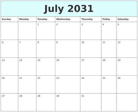 July 2031 Free Calendar