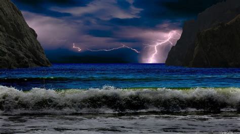 Lightning And Ocean Waves Landscape Beach Sea Storm Hd Wallpaper