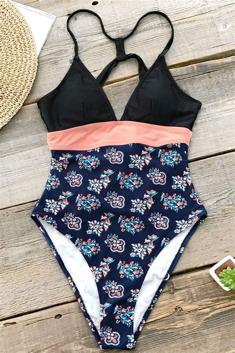 Pink And Navy Print Ultra High Leg One Piece Swimsuit Swimsuits One