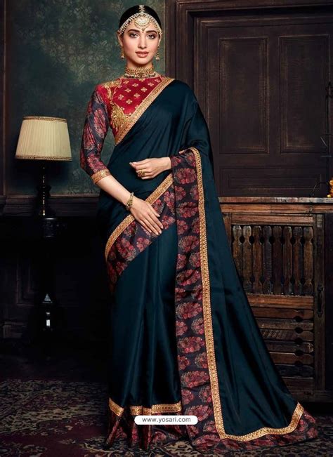 Buy Peacock Blue Heavy Embroidered Designer Silk Sari Wedding Sarees
