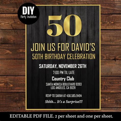 Printable Black And Gold 50th Male Birthday Invitations 50th Birthday
