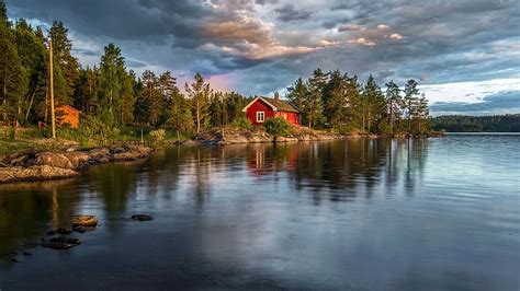 Ringerike Norway Cabin Reflections Landscape Clouds Trees Sky