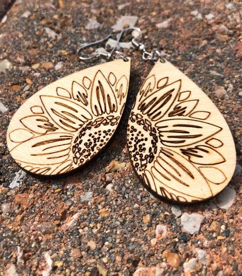 Sunflower Earrings Wooden Engraved Floral Jewelry Sunflower Etsy In